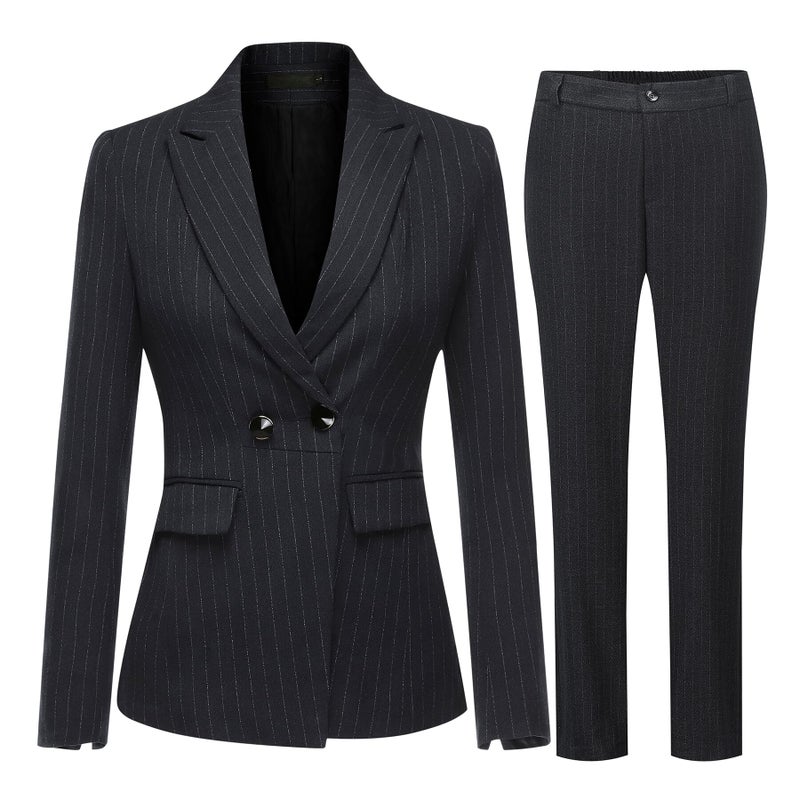 YUNCLOS Women's 2 Piece Office Lady Stripes Business Suit Set Slim Fit Blazer Jacket Pant - Image 1
